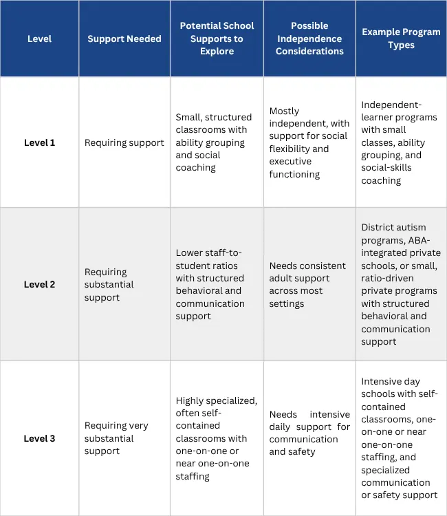 Autism Support Levels 1, 2, and 3