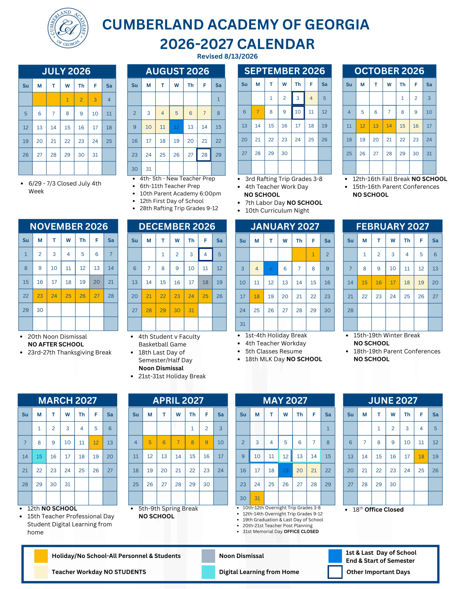 School Calendar 2026-2027